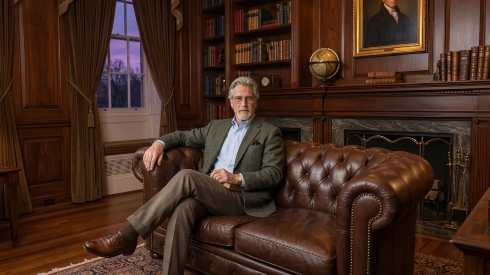 Edward Morgan seated in a classic wood-panelled library